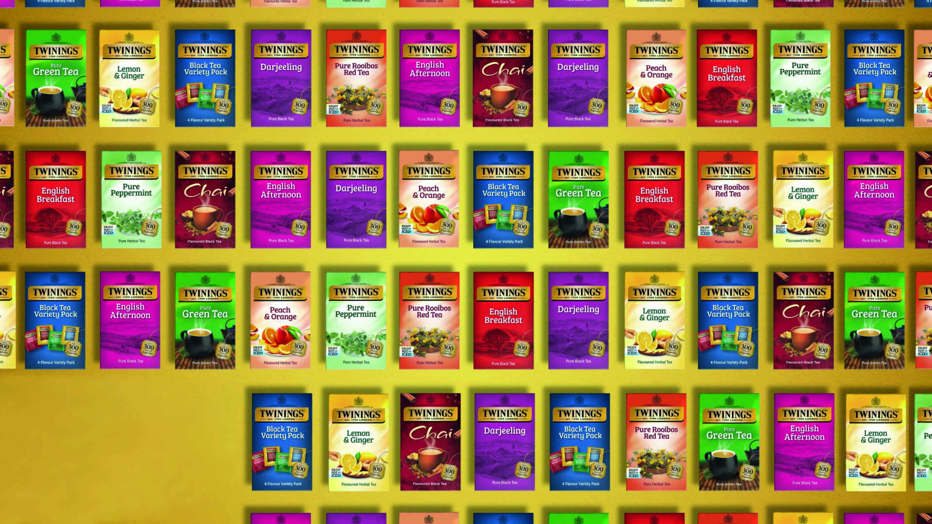 An image from a US TV advert, profiling the 50+ delicious varieties of Twinings teas and infusions available in North America