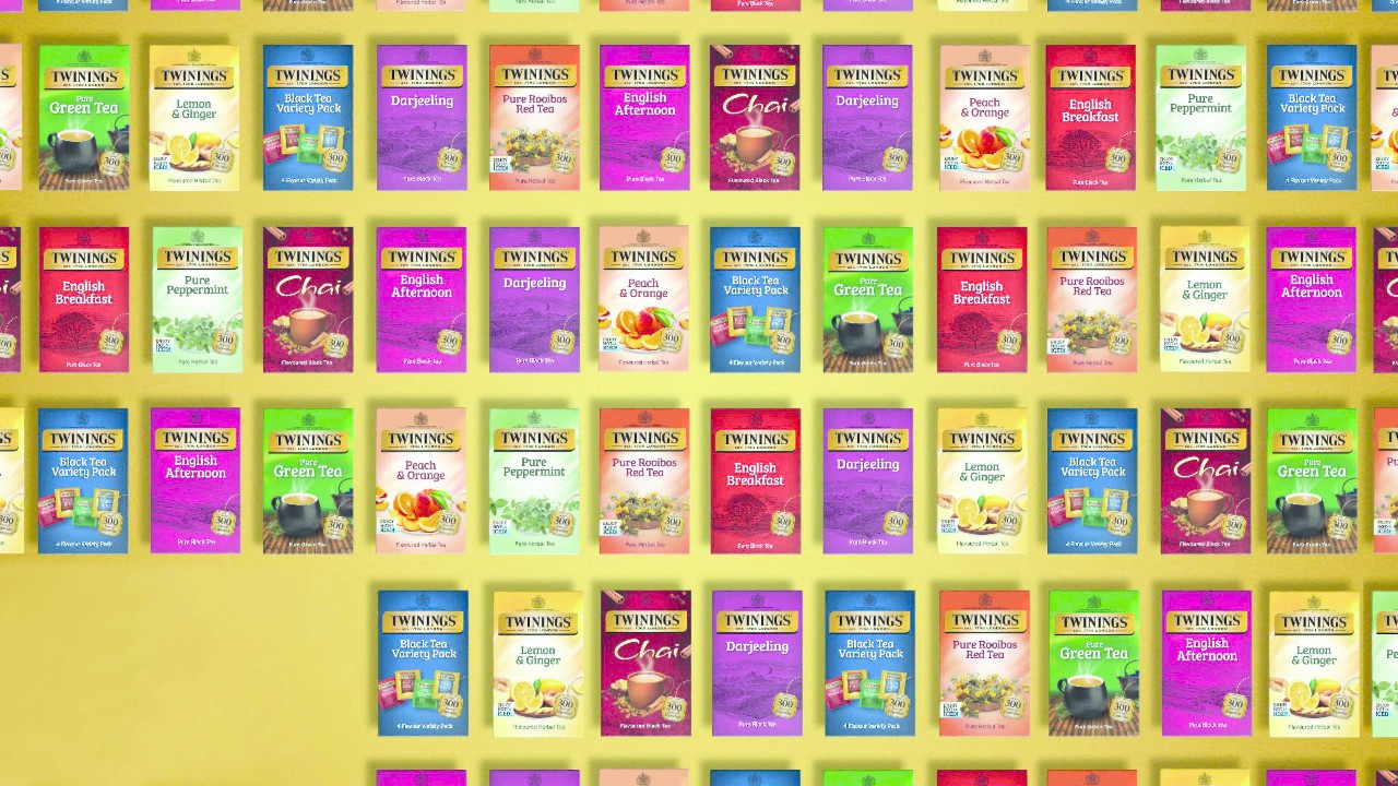 An image from a US TV advert, profiling the 50+ delicious varieties of Twinings teas and infusions available in North America