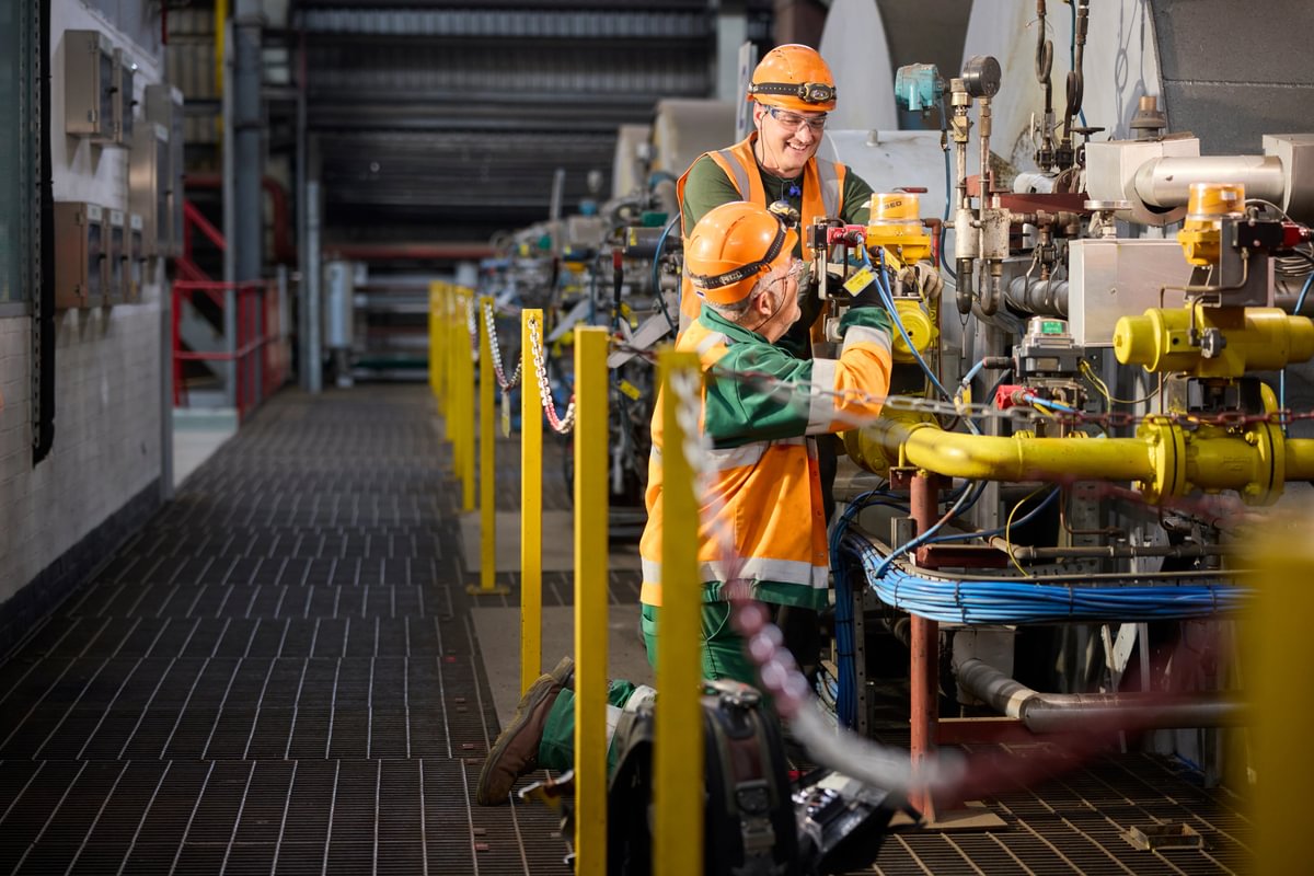 British Sugar engineers with the boilers for the animal feed dryers at its factory in Wissington, UK