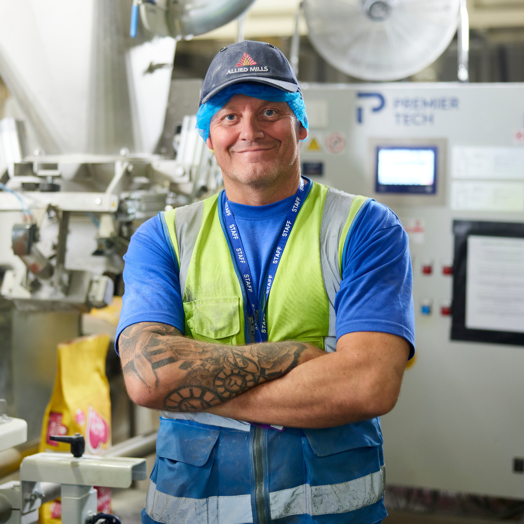 A colleague at the Allied Mills flour mill in Manchester, UK