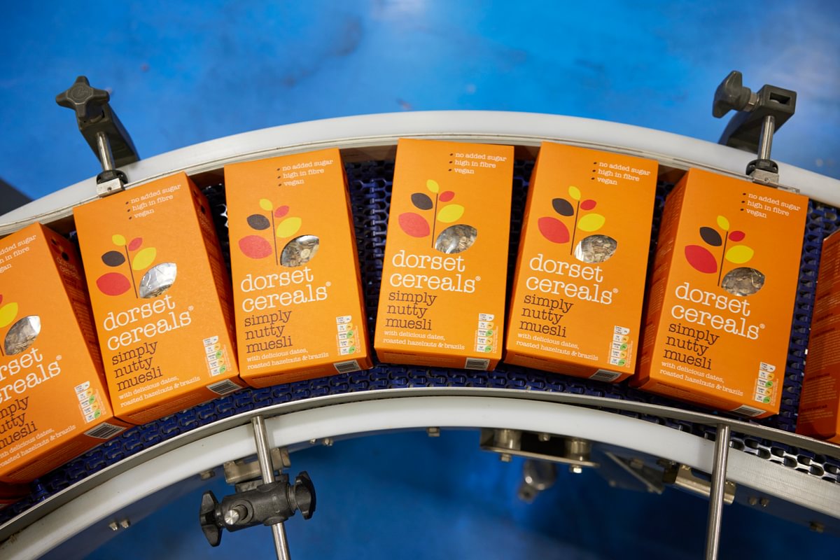 Dorset Cereals packaging on the production line in Poole, UK