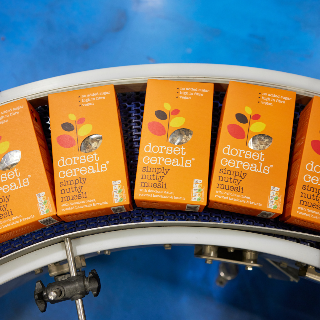 Dorset Cereals packaging on the production line in Poole, UK