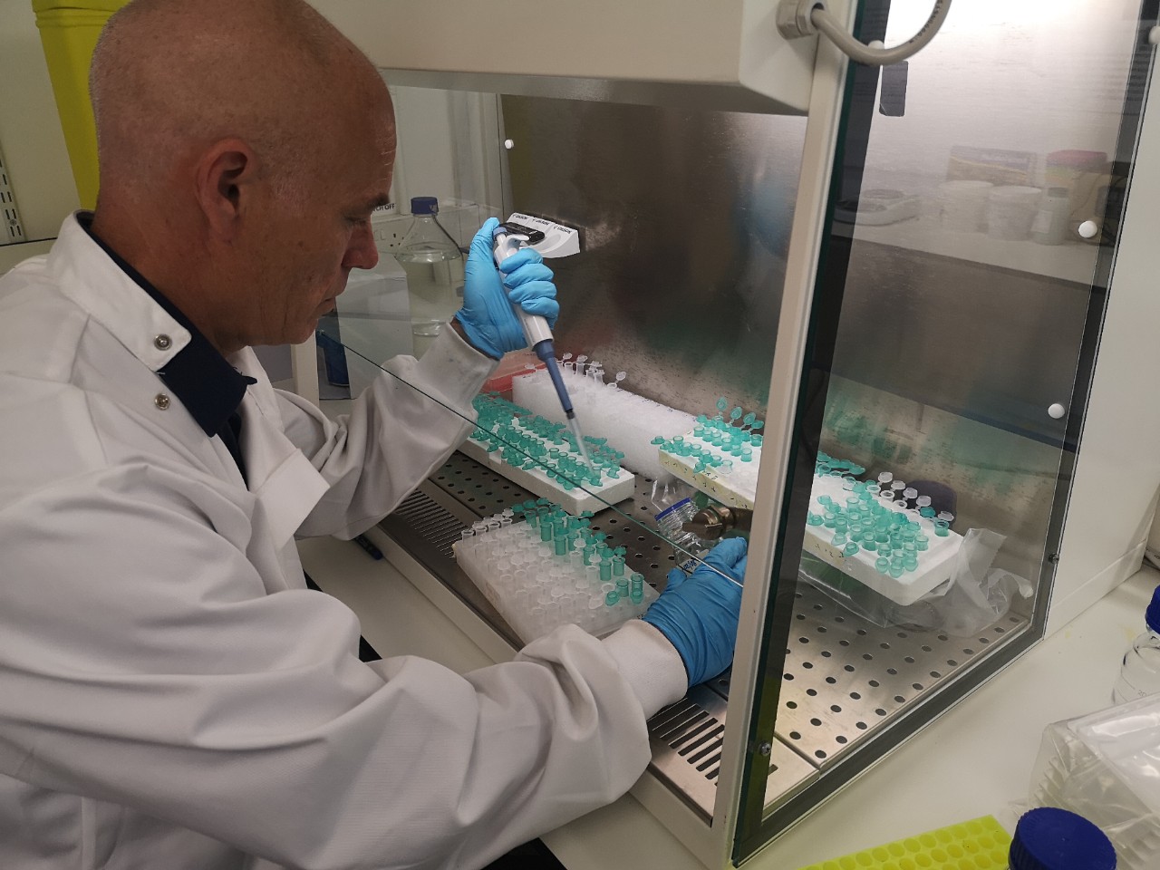 OMB scientist testing wastewater samples, sent from Primark supply chain factories in Dhaka. Investigating linkages between water quality and ecotoxicity through OMB’s unique biosensor technology