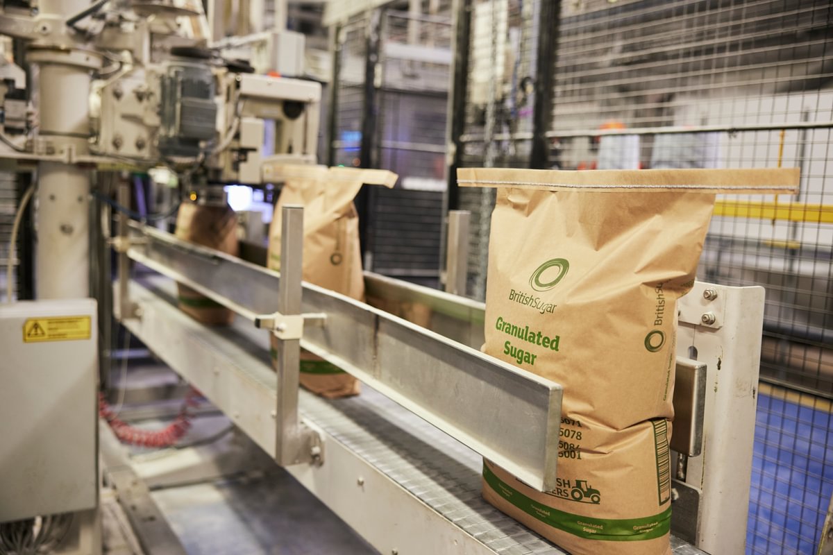 Granulated sugar on the packing line at British Sugar's packing and warehouse facility in Wissington, UK