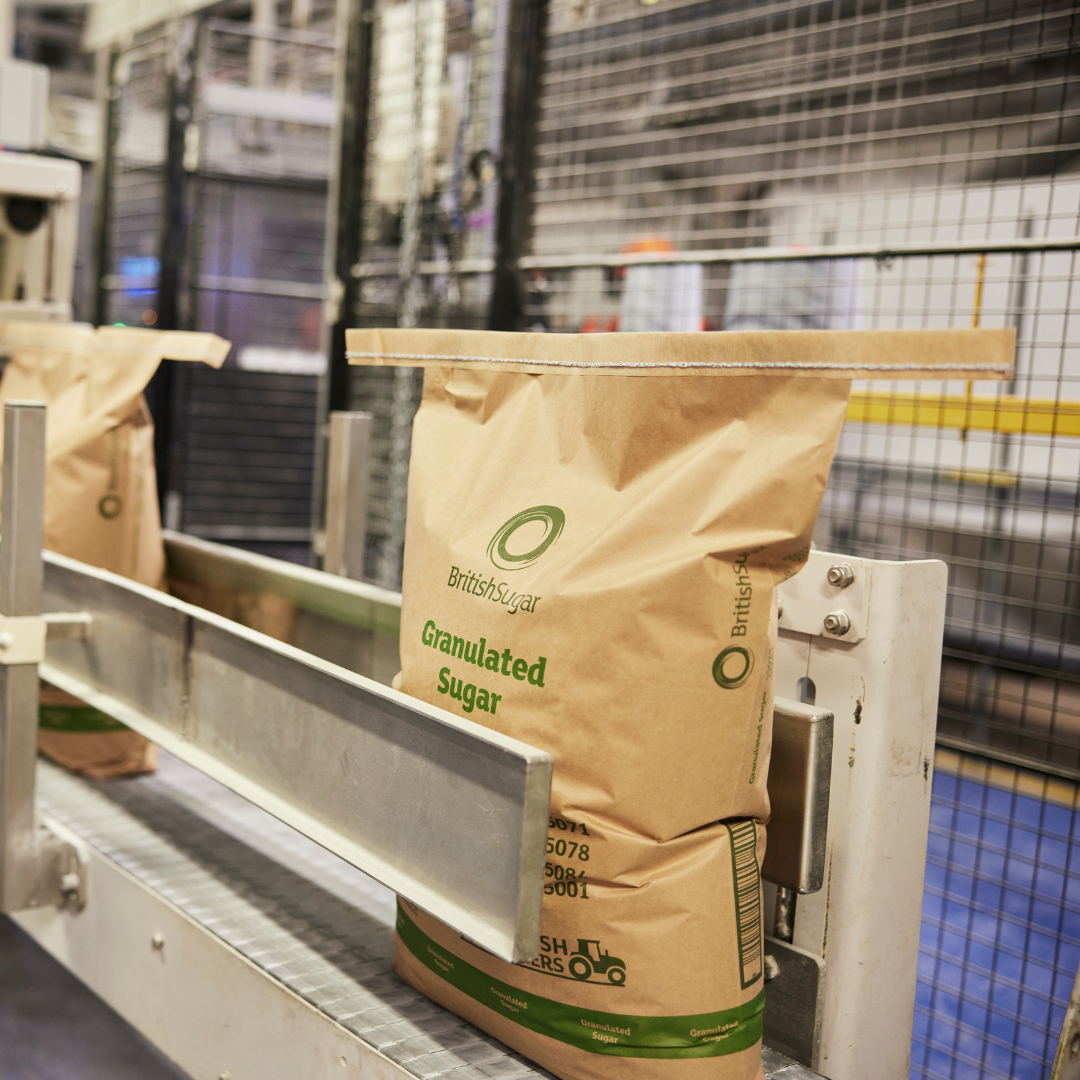 Granulated sugar on the packing line at British Sugar's packing and warehouse facility in Wissington, UK